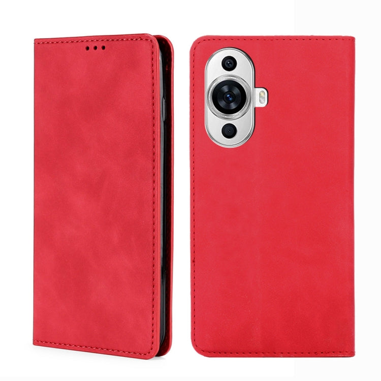 Red leather phone case with dual camera cutout and stitched border