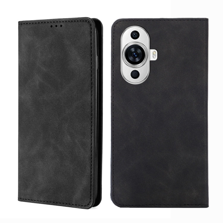 Black leather phone case with dual camera cutout and stitched edge
