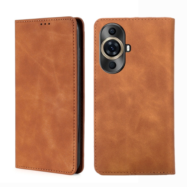 Light brown magnetic leather phone case with stitched trim and camera cutout