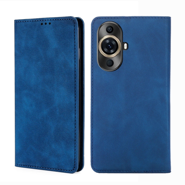 Blue magnetic leather phone case with stitched trim and camera opening