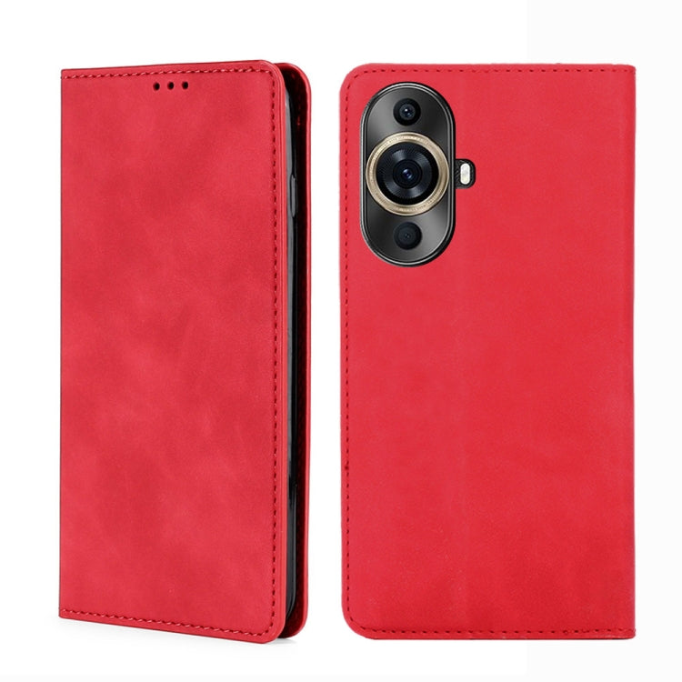 Red magnetic leather phone case with stitched trim and camera opening