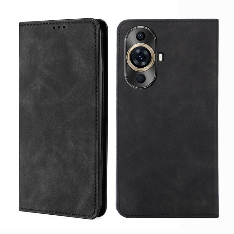 Black magnetic leather phone case with stitched trim and camera opening