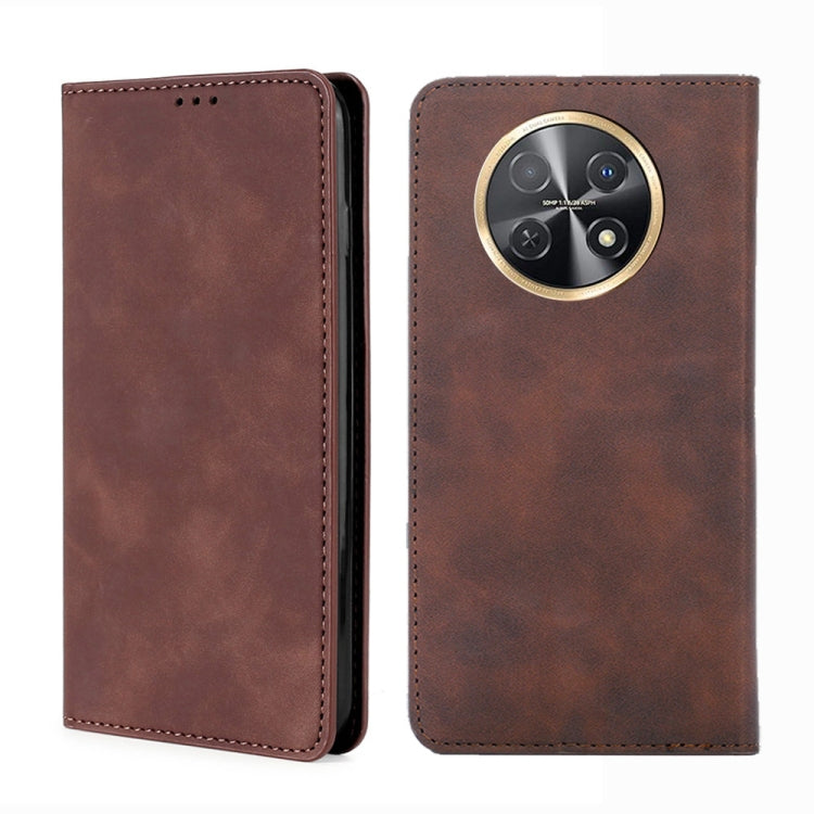 Magnetic leather phone case, dark brown folio with gold-ring camera cutout