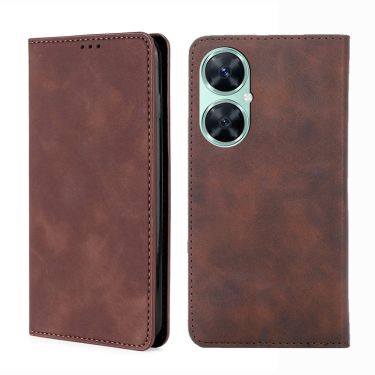 Magnetic leather phone case, dark brown folio with camera cutout and top speaker holes