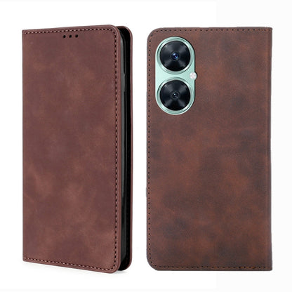 Magnetic leather phone case, dark brown folio with camera cutout and top speaker holes
