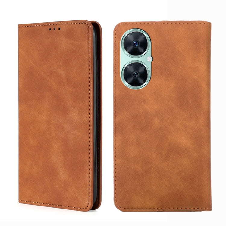 Magnetic leather phone case, light brown folio with camera cutout and top speaker holes