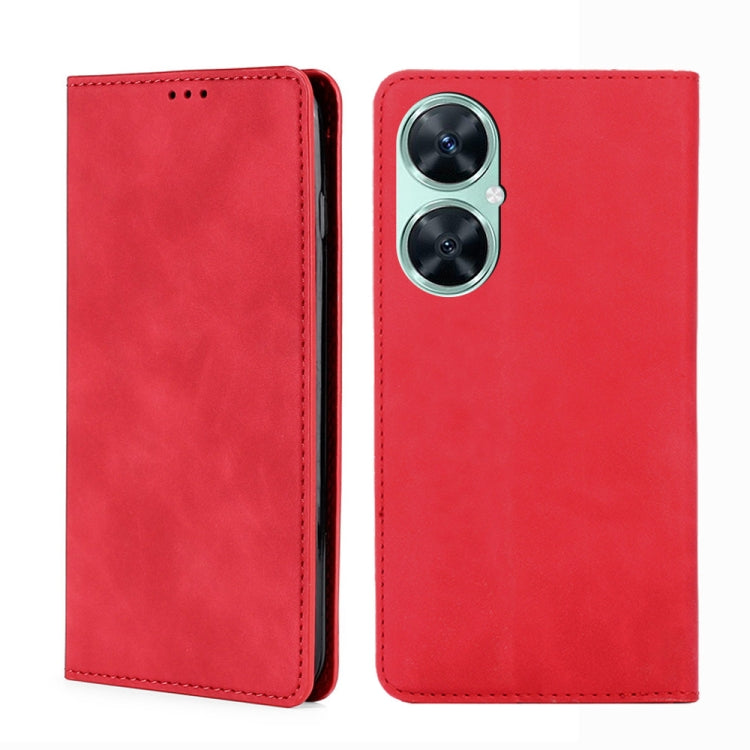 Magnetic leather phone case, red folio with camera cutout and top speaker holes