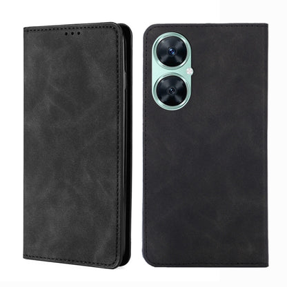 Magnetic leather phone case, black folio with camera cutout and top speaker holes