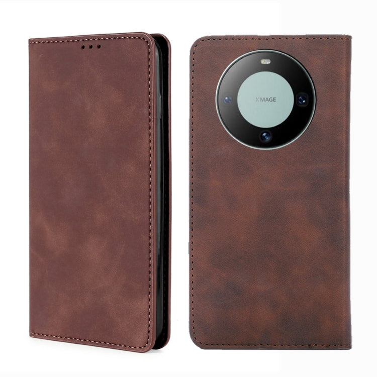 Dark brown magnetic leather phone case with camera cutout and card slot