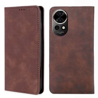 Brown leather magnetic phone case with vertical camera cutout and camera ring detail