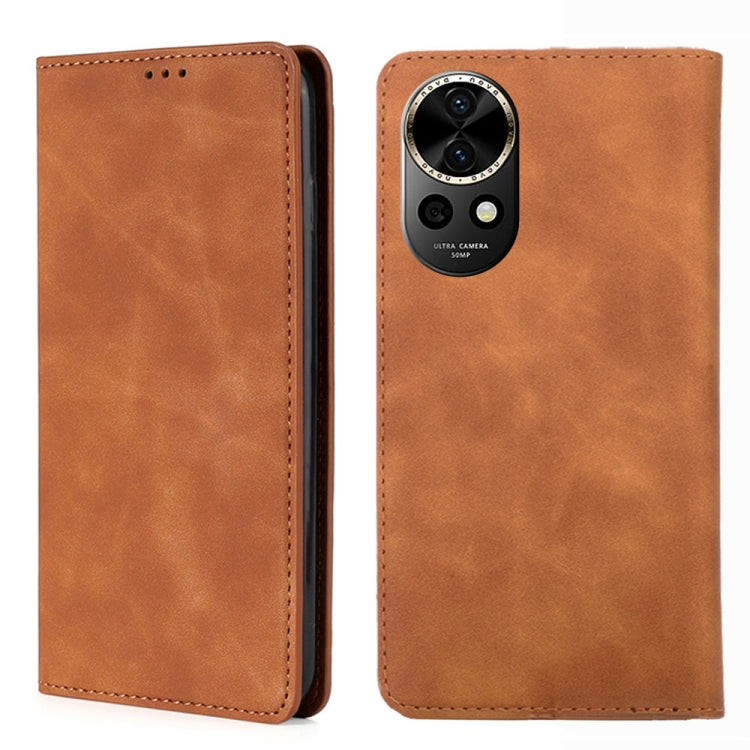 Orange leather magnetic phone case with vertical camera cutout and camera ring detail