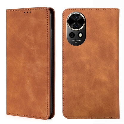 Orange leather magnetic phone case with vertical camera cutout and camera ring detail