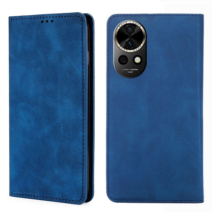 Blue leather magnetic phone case with vertical camera cutout and camera ring detail