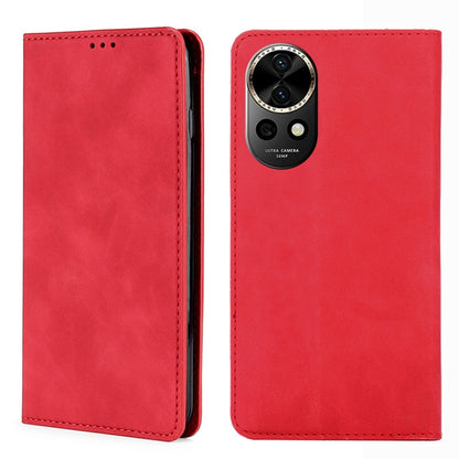 Red leather magnetic phone case with vertical camera cutout and camera ring detail