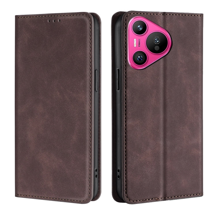 Dark brown leather magnetic phone case with front cover and side cutouts; camera cutout