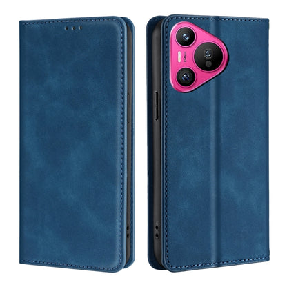 Blue leather magnetic phone case with front cover and back; camera cutout