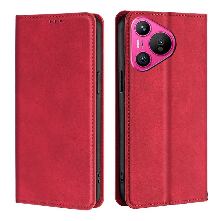 Red leather magnetic phone case with front cover and back; camera cutout