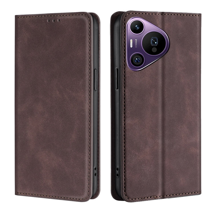 Dark brown magnetic leather flip phone case with stitched edges and camera cutout