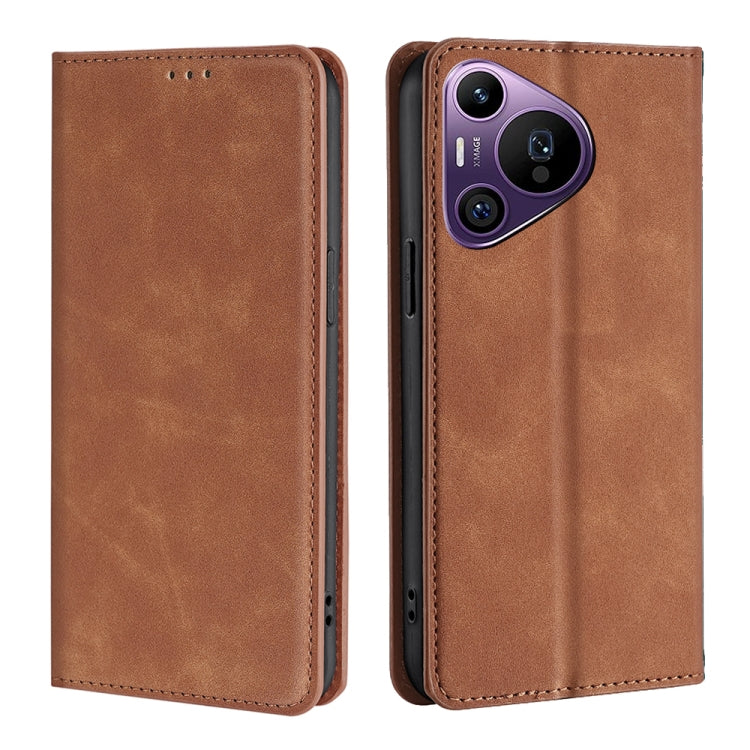 Light brown magnetic leather flip phone case with stitched edges and camera cutout