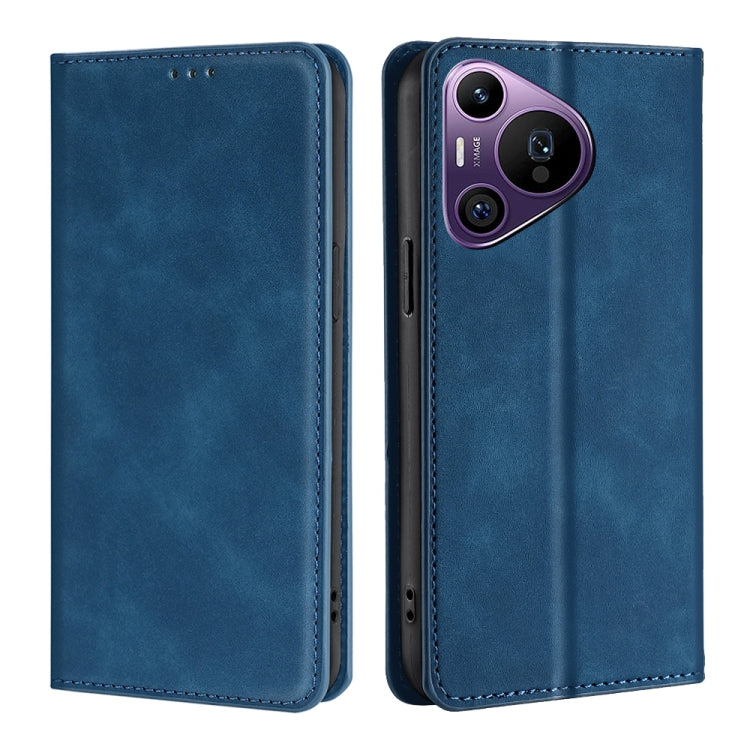 Blue magnetic leather flip phone case with stitched edges and camera cutout