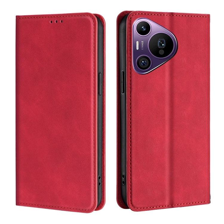 Red magnetic leather flip phone case with stitched edges and camera cutout