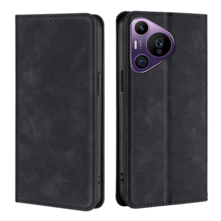 Black magnetic leather flip phone case with stitched edges and camera cutout