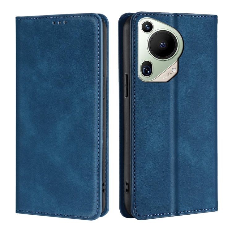 Blue leather magnetic phone case, cutouts for camera and side buttons