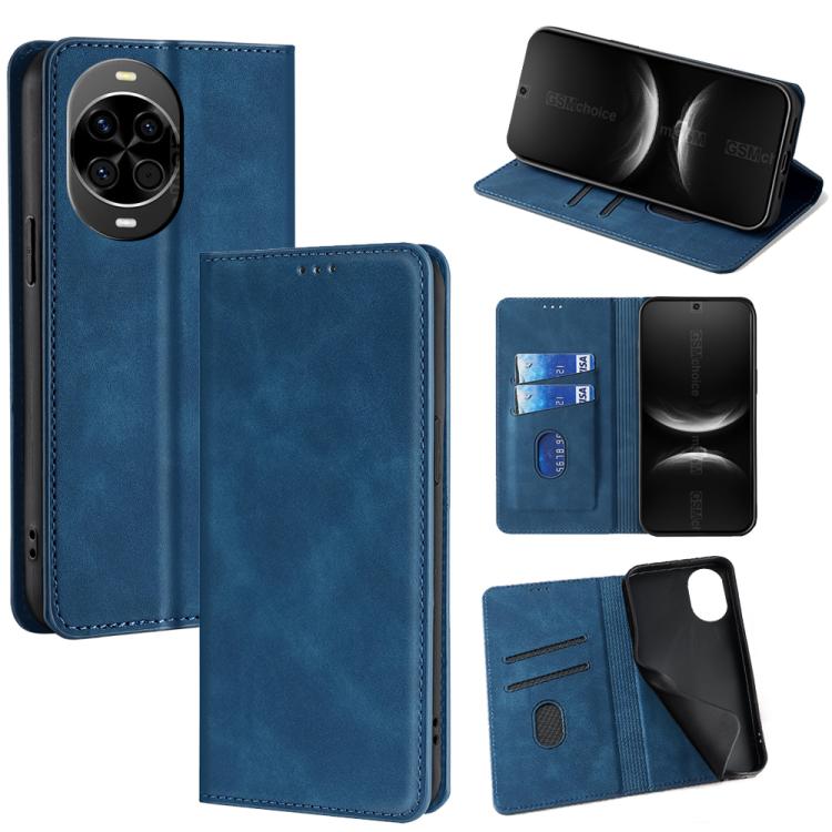 Blue magnetic leather folio phone case with card slots and kickstand view