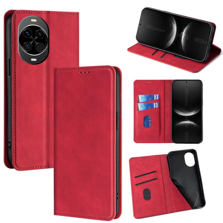 Red magnetic leather folio phone case with card slots and kickstand view