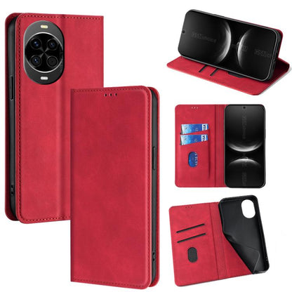 Red magnetic leather folio phone case with card slots and kickstand view