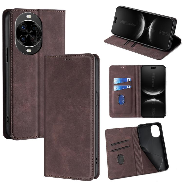 Magnetic leather folio phone case, dark brown, camera cutout with card holder.