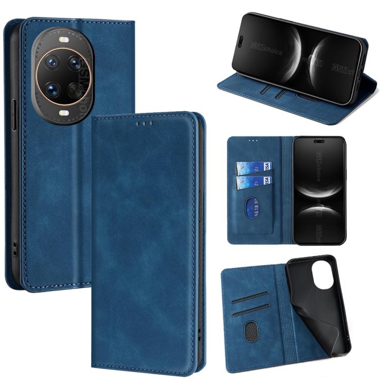 Magnetic leather phone case folio wallet, blue, card slots and kickstand.
