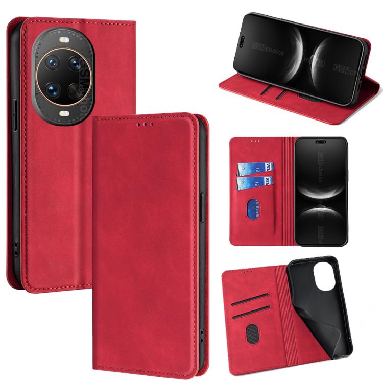 Magnetic leather phone case folio wallet, red, card slots and kickstand.