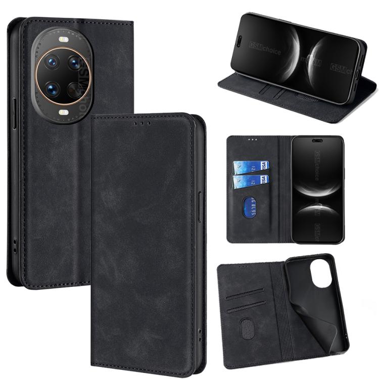 Magnetic leather phone case folio wallet, black, card slots and kickstand.