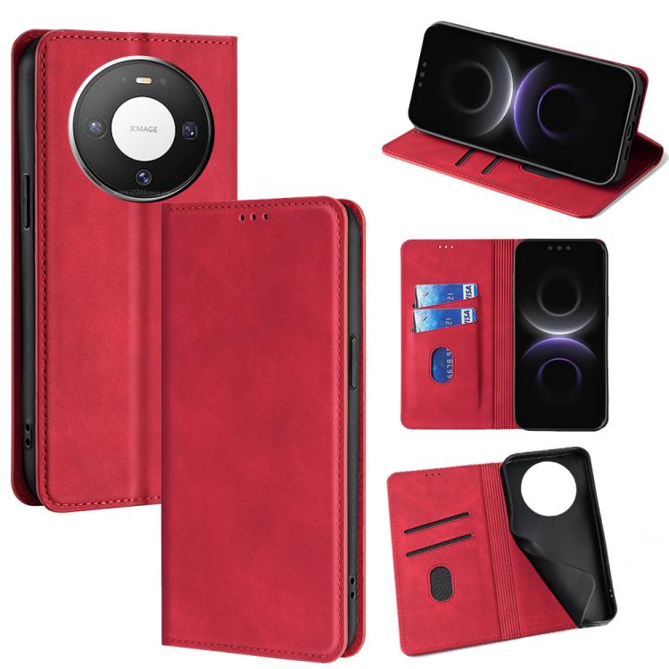 Red wallet-style magnetic leather phone case with card slots