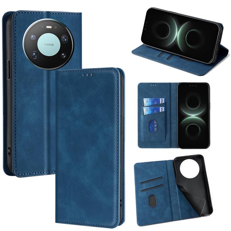 Blue magnetic leather phone folio case with card slots and viewing stand
