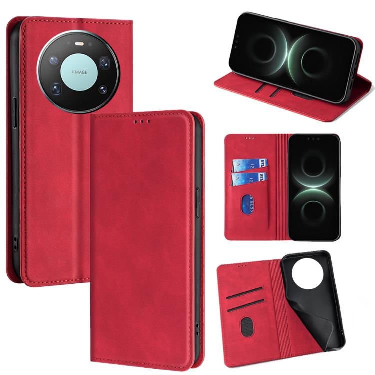Red magnetic leather phone folio case with card slots and stand