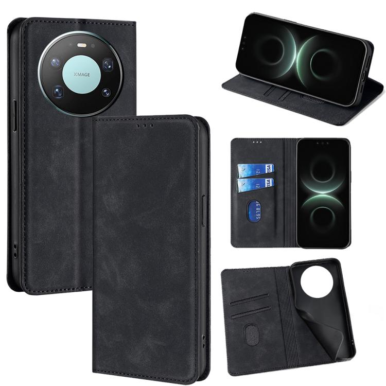 Black magnetic leather phone folio case with card slots and kickstand