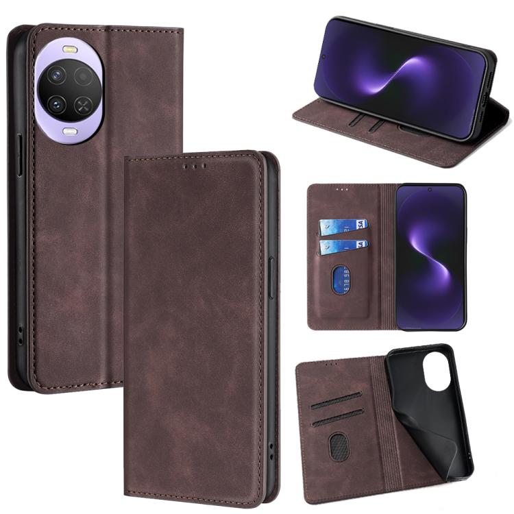 Magnetic leather folio phone case with wallet slots and stand, dark brown color.