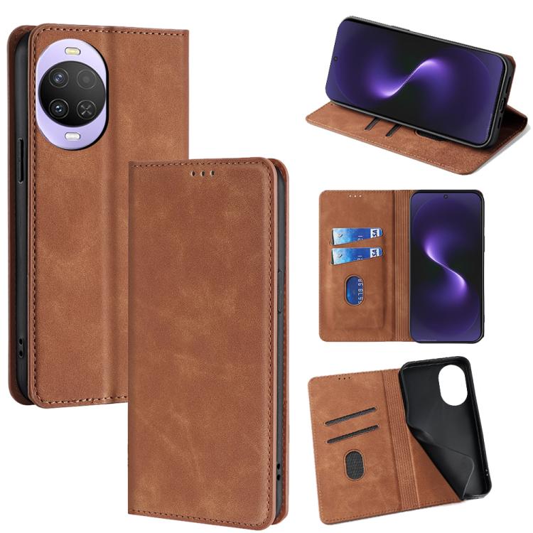 Magnetic leather folio phone case with wallet slots and stand, tan brown color.