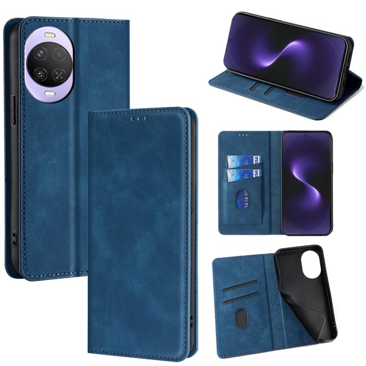 Magnetic leather folio phone case with wallet slots and stand, blue color.