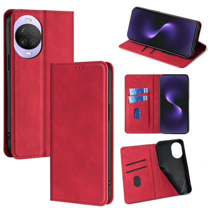 Magnetic leather folio phone case with wallet slots and stand, red color.
