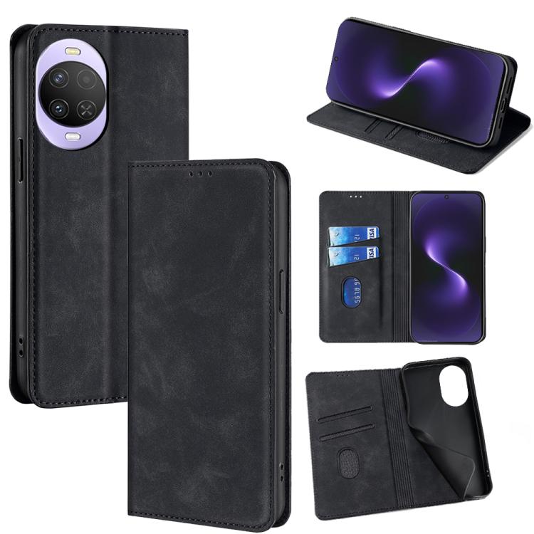 Magnetic leather folio phone case with wallet slots and stand, dark black color.