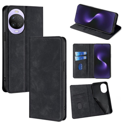 Magnetic leather folio phone case with wallet slots and stand, dark black color.