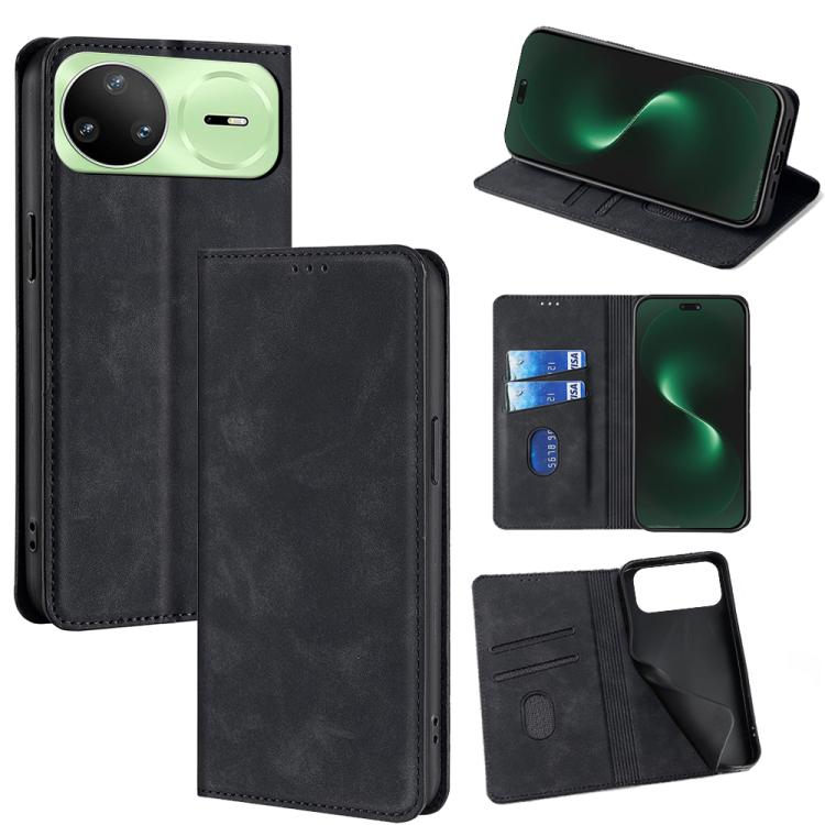 Magnetic leather folio phone case with wallet slots and stand, dark black color.