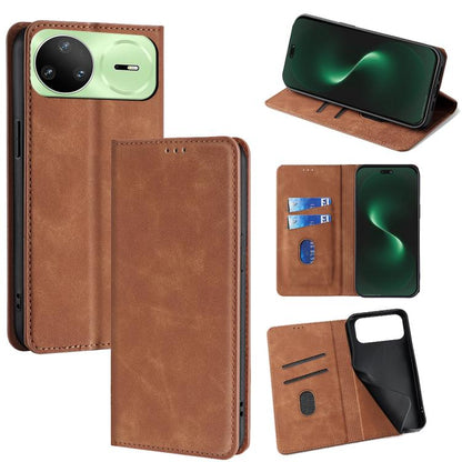 Magnetic leather folio phone case with wallet slots and stand, light brown color.