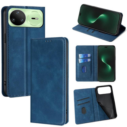 Magnetic leather folio phone case with wallet slots and stand, blue color.