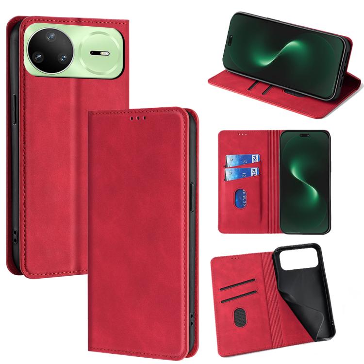 Magnetic leather folio phone case with wallet slots and stand, red color.