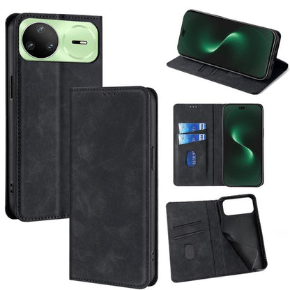Magnetic leather folio phone case with wallet slots and stand, dark black color.
