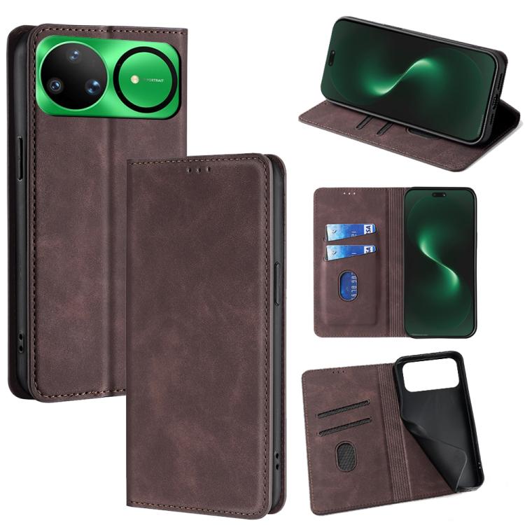 Dark brown leather magnetic folio phone case with card slots and stand